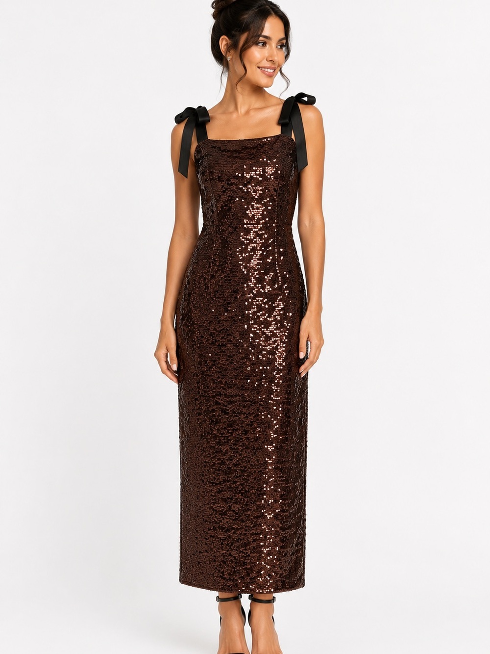 Chelsea28 Women’s Brown Sequin A-Line midi Dress Neck Bow Straps S NWT